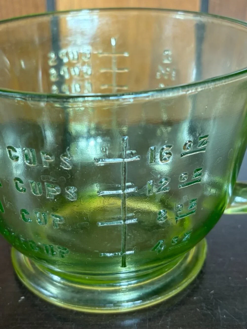 Vintage Green Depression Uranium Glass Citrus Reamer and Measuring Cup Set